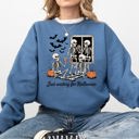 Small Indigo Blue Just Waiting for Halloween Skeleton Ghost Vintage Retro Spooky Costume Fall Graphic Sweatshirt