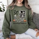 Medium Military Green Just Waiting for Halloween Skeleton Ghost Vintage Retro Spooky Costume Fall Graphic Sweatshirt