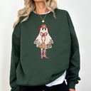 Medium Forest Green Cute Cowgirl Ghost Halloween Western Vintage Pumpkin Spooky Retro Graphic Sweatshirt