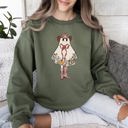 Large Military Green Cute Cowgirl Ghost Halloween Western Vintage Pumpkin Spooky Retro Graphic Sweatshirt