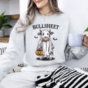 Medium Ash Light Gray Bullsheet Funny Halloween Cow Ghost Western Pumpkin Retro Spooky Graphic Sweatshirt
