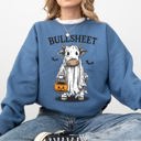 Large Indigo Blue Bullsheet Funny Halloween Cow Ghost Western Pumpkin Retro Spooky Graphic Sweatshirt