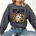 XL Dark Gray Heather Boo Haw, Cowboy Ghost Halloween Western Sunflowers Vintage Pumpkin Retro Spooky Graphic Sweatshirt