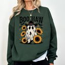 Small Forest Green Boo Haw, Cowboy Ghost Halloween Western Sunflowers Vintage Pumpkin Retro Spooky Graphic Sweatshirt