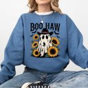 XXXL Indigo Blue Boo Haw, Cowboy Ghost Halloween Western Sunflowers Vintage Pumpkin Retro Spooky Graphic Sweatshirt