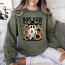 Small Military Green Boo Haw, Cowboy Ghost Halloween Western Sunflowers Vintage Pumpkin Retro Spooky Graphic Sweatshirt