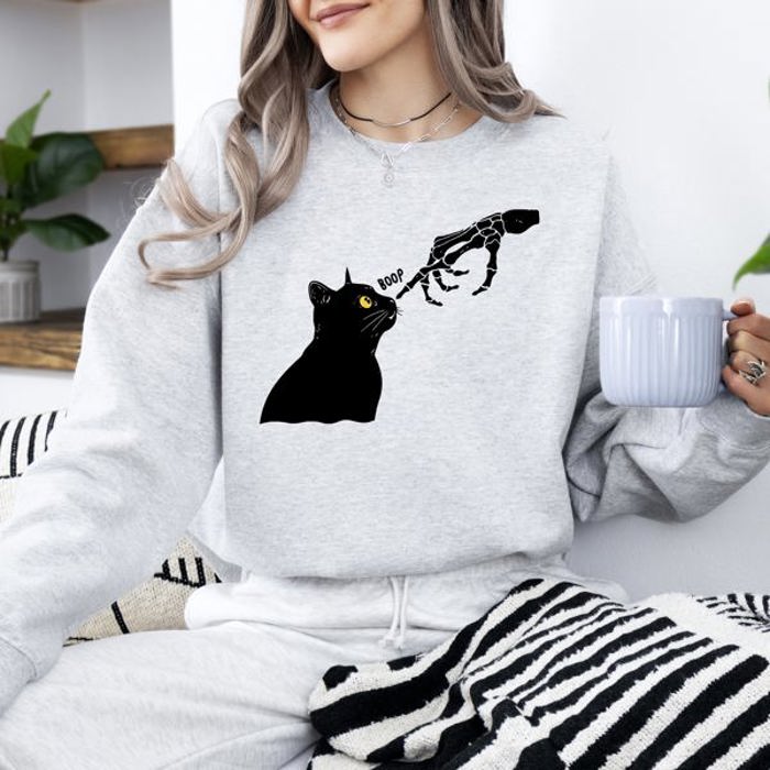 Boop Cat Skeleton Ghost Halloween Western Vintage Pumpkin Retro Spooky Graphic Sweatshirt