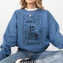 Small Indigo Blue What If The Anxious Skeleton Ghost Western Vintage Pumpkin Halloween Tarot Card Graphic Sweatshirt