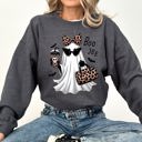 Large Dark Gray Heather Fancy Boujee Ghost Halloween Bow Coquette Western Vintage Pumpkin Retro Spooky Graphic Sweatshirt