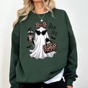 Large Forest Green Fancy Boujee Ghost Halloween Bow Coquette Western Vintage Pumpkin Retro Spooky Graphic Sweatshirt