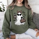 Large Military Green Fancy Boujee Ghost Halloween Bow Coquette Western Vintage Pumpkin Retro Spooky Graphic Sweatshirt