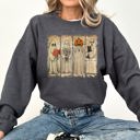 Large Dark Gray Heather Vintage Newspaper Ghost Halloween Book Cat Western Pumpkin Retro Spooky Costume Fall Graphic Sweatshirt