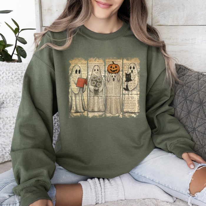 Vintage Newspaper Ghost Halloween Book Cat Western Pumpkin Retro Spooky Costume Fall Graphic Sweatshirt