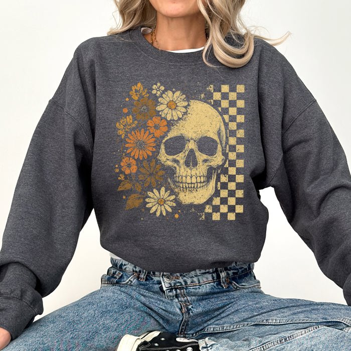 Vintage Skull Floral Checkered Ghost Halloween Book Cat Western Pumpkin Retro Spooky Graphic Sweatshirt