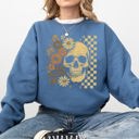 Small Indigo Blue Vintage Skull Floral Checkered Ghost Halloween Book Cat Western Pumpkin Retro Spooky Graphic Sweatshirt