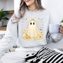 Medium Ash Light Gray What If Anxious Skeleton Ghost Lace Spider Web Floral Halloween Graphic Sweatshirt