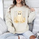 XXXL Sand What If Anxious Skeleton Ghost Lace Spider Web Floral Halloween Graphic Sweatshirt