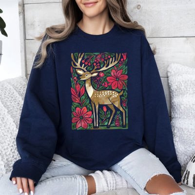 Christmas Deer With Colorful Flowers And Santa Claus In A Snowy Vintage Holiday Scene Sweatshirt