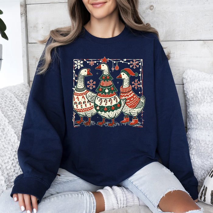 Christmas Geese Retro Festive Holiday Cheer Geese Pattern With Rustic Nordic Elements Sweatshirt