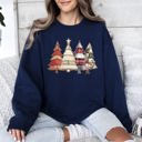 Medium Navy Christmas Trees, Faux Quilt, Santa Festive Holiday Scene Vintage Cozy Winter Sweatshirt
