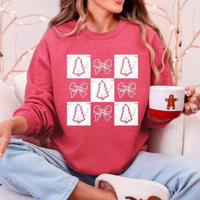 Christmas Geese Retro Cozy Winter Checkered Bows Tree Pattern Vintage Sweatshirt