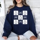 Large Navy Christmas Geese Retro Cozy Winter Checkered Bows Tree Pattern Vintage Sweatshirt