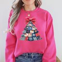 Large Crunchberry Bright Pink Christmas Geese Retro Santa Sewing Faux Quilt Cozy Festive Graphic Holiday Sweatshirt