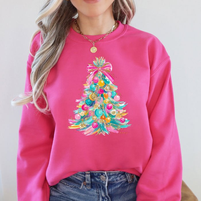 Colorful Christmas Tree Retro Graphic Artwork With Festive Motifs And Cozy Winter Vibes Sweatshirt