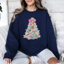 Large Navy Colorful Christmas Tree Retro Graphic Artwork With Festive Motifs And Cozy Winter Vibes Sweatshirt