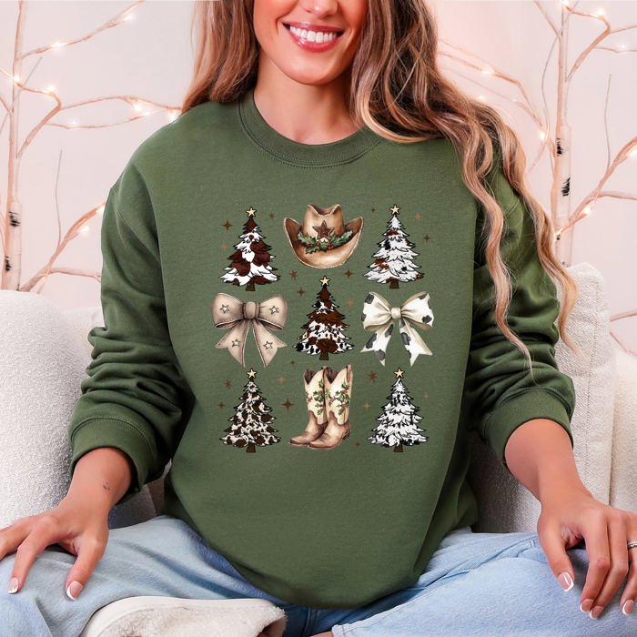 Cowboy Christmas Santa Western Trees Boots Hat Country Living Holiday Sweatshirt
