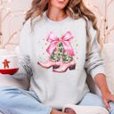 Small Ash Light Gray Cowgirl Christmas Cowboy Boots Santa Ribbons Bows Western Country Holiday Sweatshirt