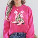 Small Crunchberry Bright Pink Cowgirl Christmas Cowboy Boots Santa Ribbons Bows Western Country Holiday Sweatshirt