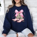 XXL Navy Cowgirl Christmas Cowboy Boots Santa Ribbons Bows Western Country Holiday Sweatshirt