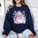 Large Navy Disco Santa Bubble Gum Christmas Snowflakes Festive Candy Sparkle Graphic Sweatshirt
