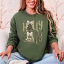 Medium Military Green Holly Jolly Christmas Camouflage Tree Santa Dalmatian Ribbons And Bows Cozy Holiday Sweatshirt
