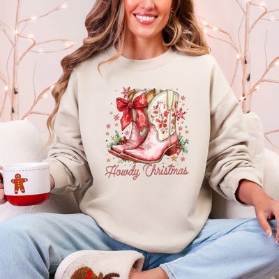 Howdy Christmas Cowboy Boots Santa Western Country Holiday Style Graphic Sweatshirt