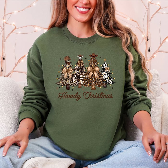Howdy Christmas Western Santa Christmas Trees Holiday Western Theme Festive Cozy Sweatshirt