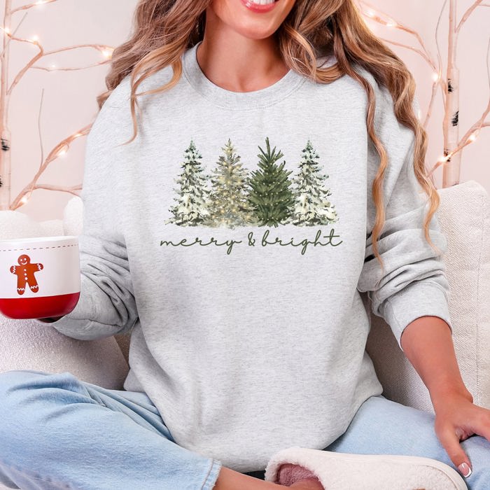 Merry and Bright Christmas Trees Santa Snowflakes Festive Holiday Theme Sweatshirt