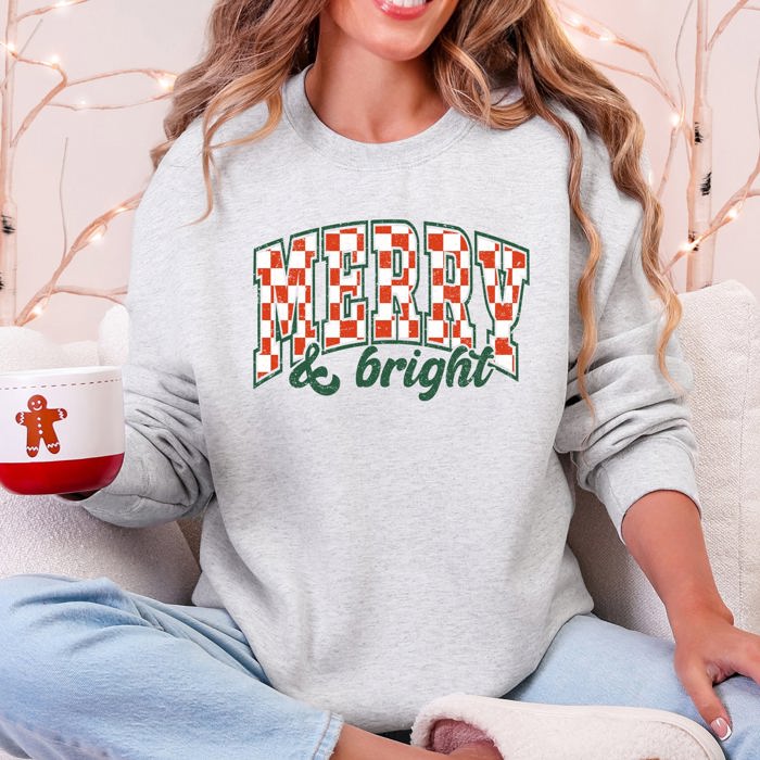 Merry And Bright Christmas Checkered Retro Festive Cozy Vintage Inspired Seasonal Holiday Cheer Sweatshirt