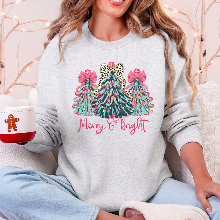 Merry And Bright Pastel Christmas Trees Bows Ribbons Santa Playful Holiday Graphics Sweatshirt