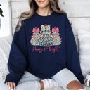 XXL Navy Merry And Bright Pastel Christmas Trees Bows Ribbons Santa Playful Holiday Graphics Sweatshirt