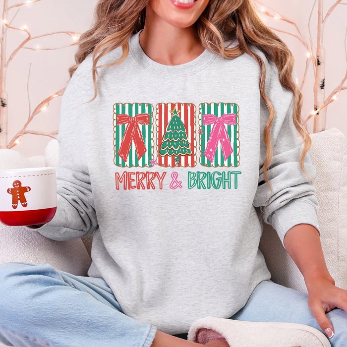 Merry And Bright Pattern Blocks Christmas Tree Ribbon Bows Santa Holiday Sweatshirt