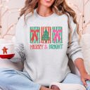 XXXL Ash Light Gray Merry And Bright Pattern Blocks Christmas Tree Ribbon Bows Santa Holiday Sweatshirt