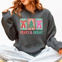 Small Dark Gray Heather Merry And Bright Pattern Blocks Christmas Tree Ribbon Bows Santa Holiday Sweatshirt