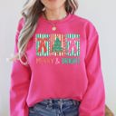 Large Heliconia Bright Pink Merry And Bright Pattern Blocks Christmas Tree Ribbon Bows Santa Holiday Sweatshirt