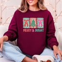 XXXL Maroon Merry And Bright Pattern Blocks Christmas Tree Ribbon Bows Santa Holiday Sweatshirt