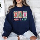 XXL Navy Merry And Bright Pattern Blocks Christmas Tree Ribbon Bows Santa Holiday Sweatshirt