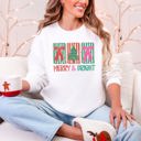 XXL White Merry And Bright Pattern Blocks Christmas Tree Ribbon Bows Santa Holiday Sweatshirt
