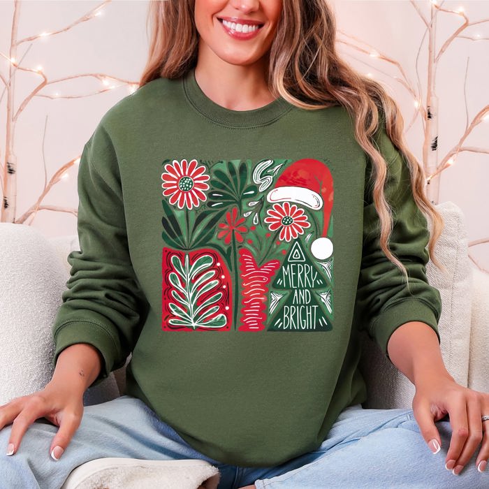 Merry and Bright Pattern Blocks Christmas Santa Hat Tree Ribbon Bow Vintage Retro Holiday Cheer Sweatshirt