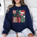 Small Navy Merry and Bright Pattern Blocks Christmas Santa Hat Tree Ribbon Bow Vintage Retro Holiday Cheer Sweatshirt